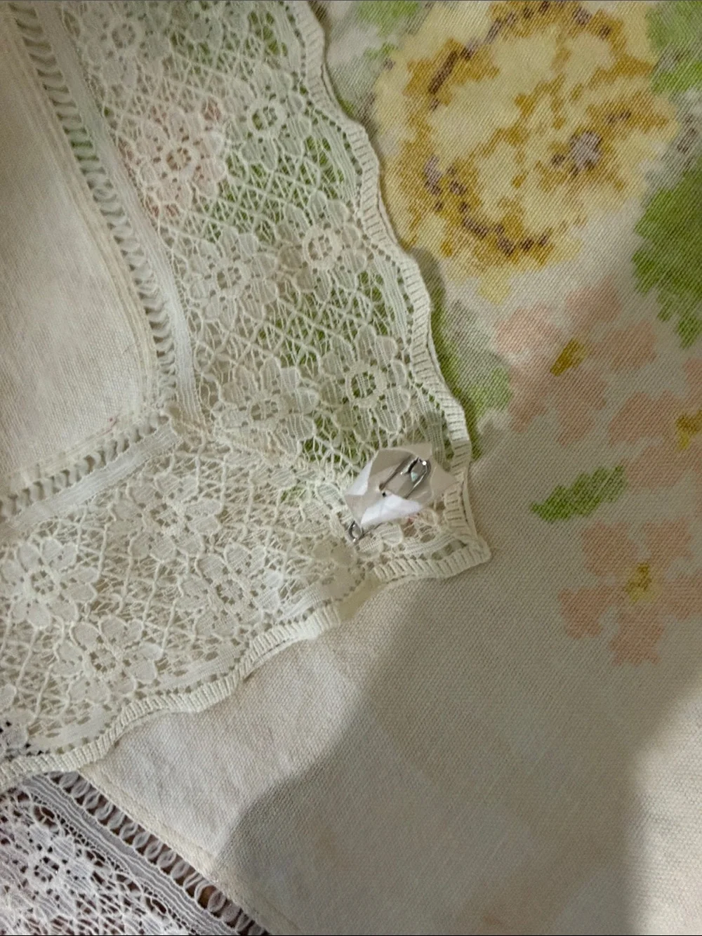 Vintage antique cross stitch fabric and lace yellow floral tablecloth 66x57